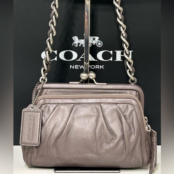 COACH Parker Smooth Leather Kiss Lock Shoulder Bag in Gray - Picture 1 of 9